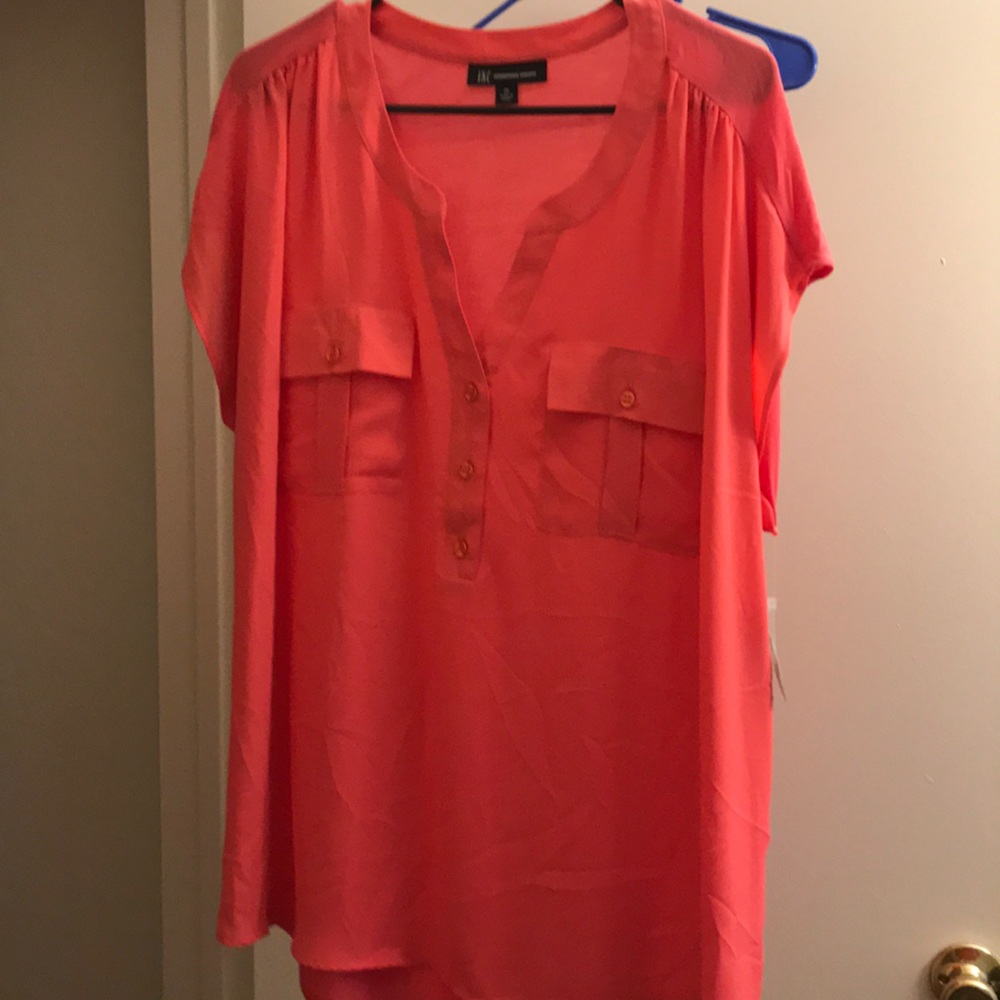 INC Pink 2X Dolman sleeved shirt with pocket detail.
